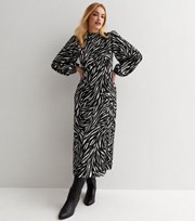 New Look Black Zebra Print High Neck Long Puff Sleeve Split Hem Midi Dress